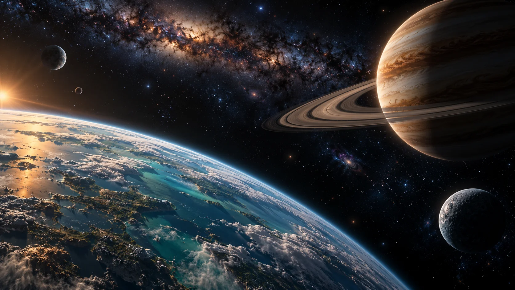 Illustrative view of planets, a ringed world and the Milky Way