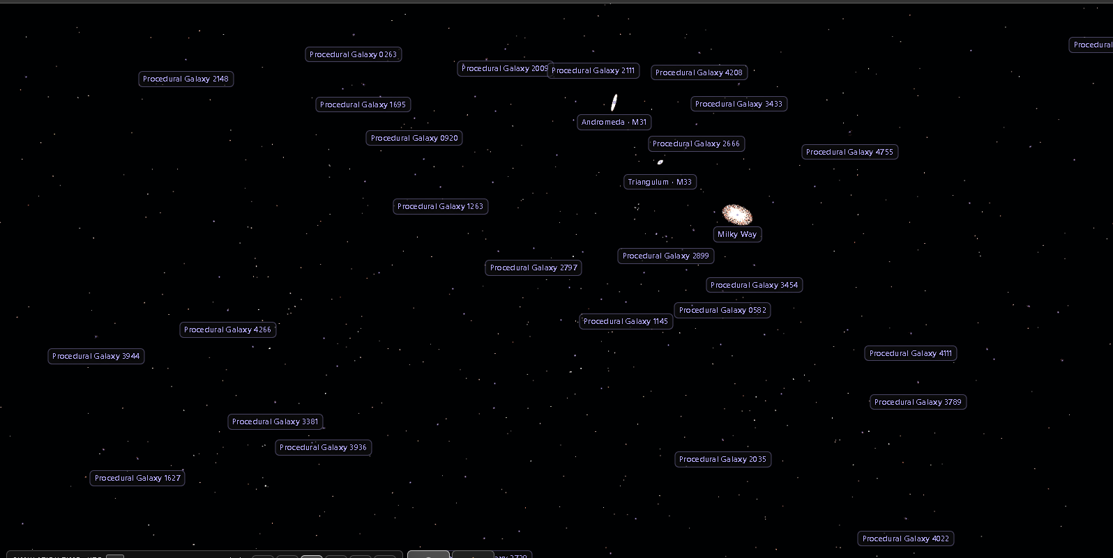 Procedural galaxy names selectable in a dark star field